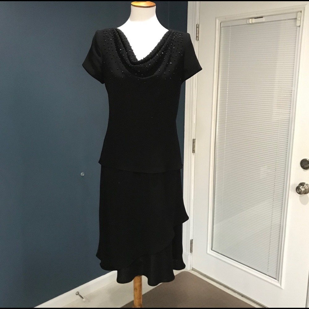 Evening Black Beaded Cowl Neck Top & Tiered Midi Skirt 2-Piece Set Size 10 EUC